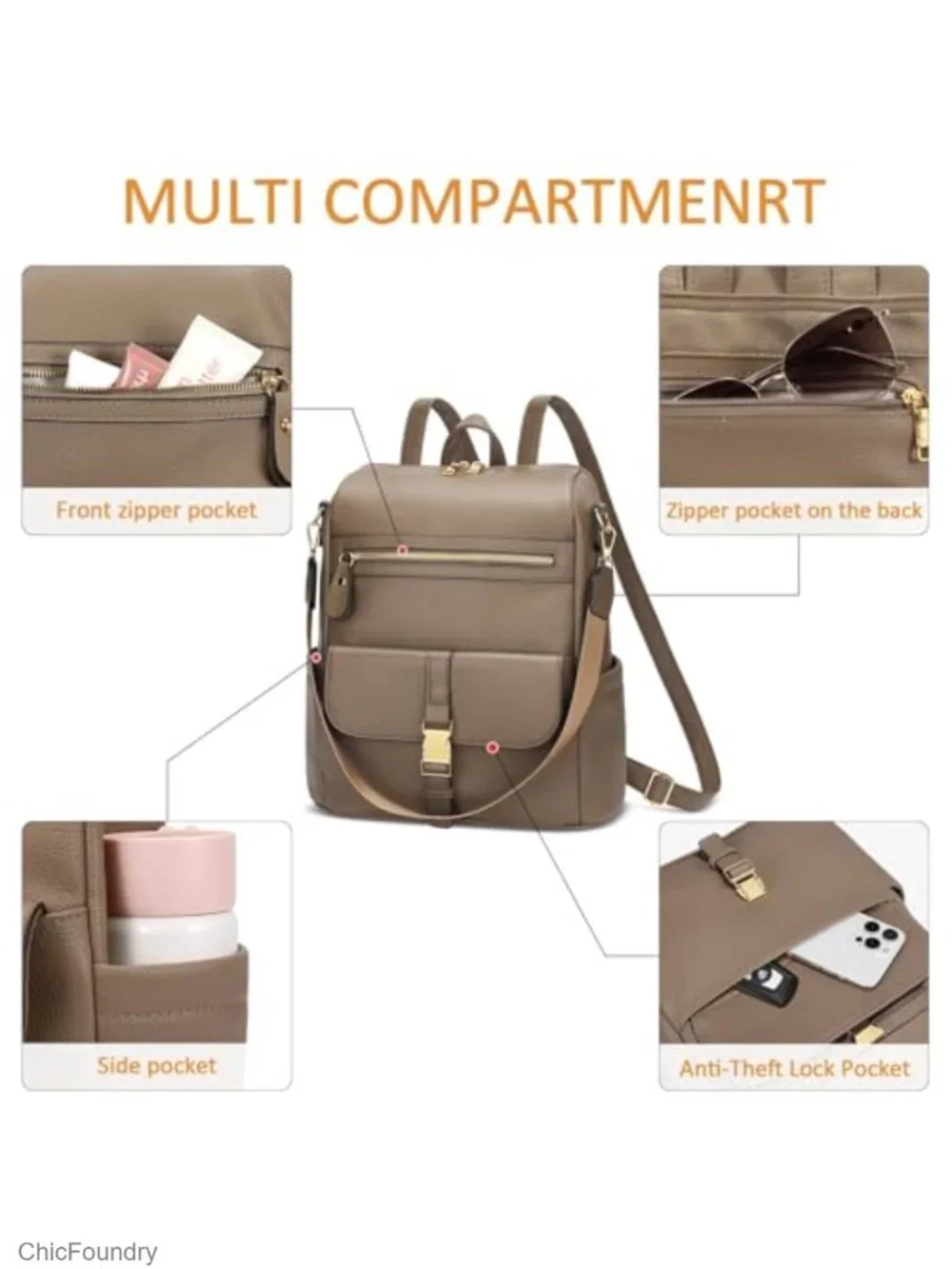 Faux Leather Multi-Pocket Travel Backpack for Women Laptop Daypack